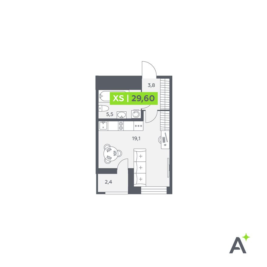 Студия-квартира, 29.6 м²