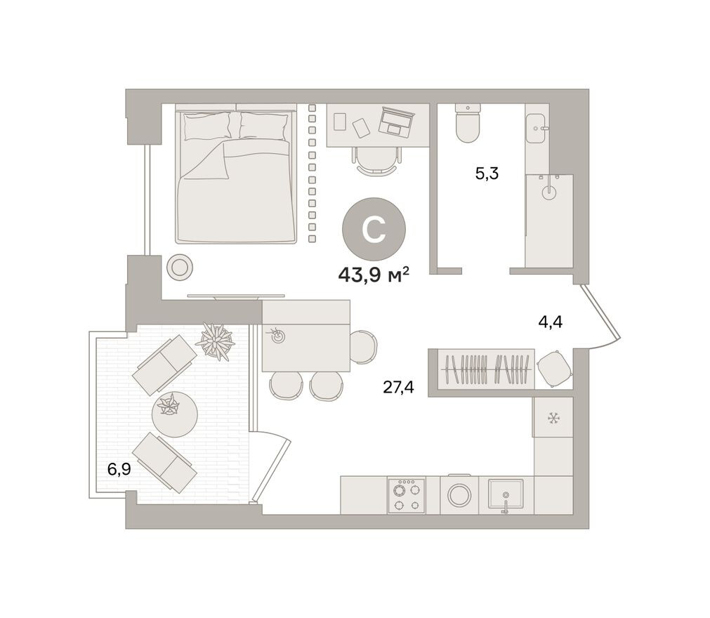 Студия-квартира, 43.9 м²
