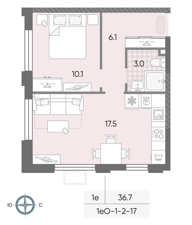 1к. квартира, 36.7 м²