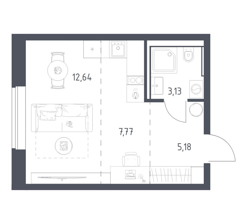 1к. квартира, 28.7 м²