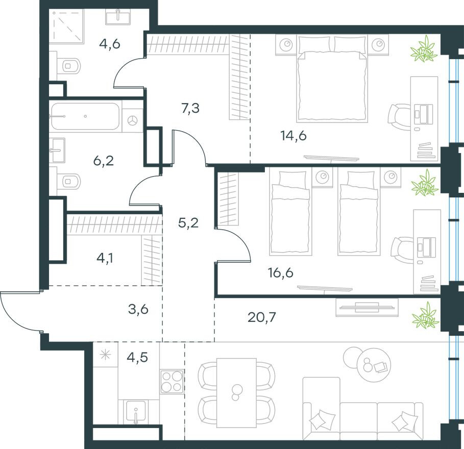 Планировка — 3к. квартира, 87.4 м²