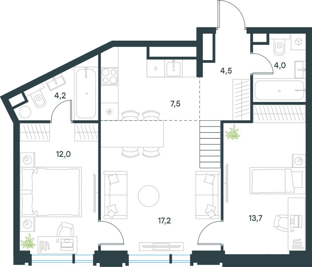 Планировка — 3к. квартира, 64.6 м²