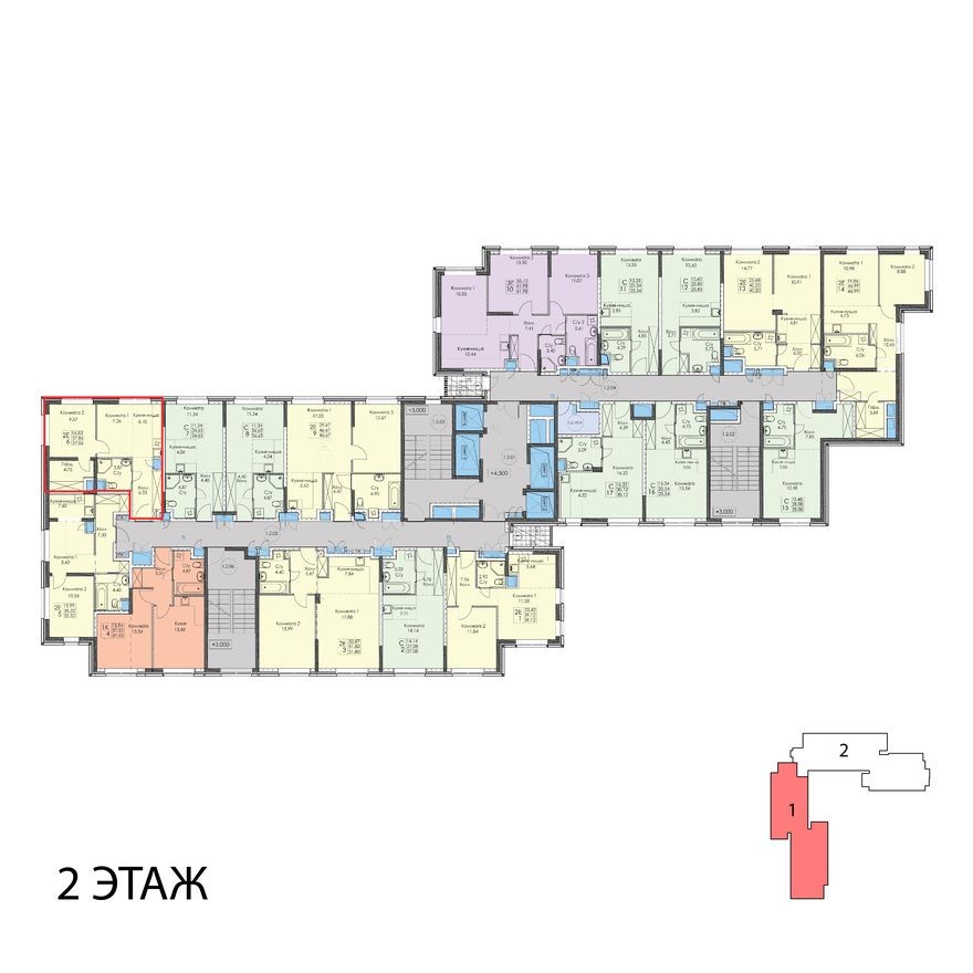 План этажа — 2к. апартаменты, 37.9 м²