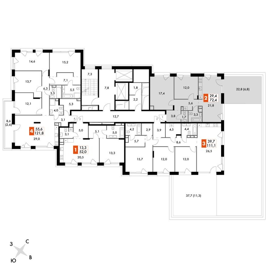 План этажа — 3е квартира, 72.8 м²