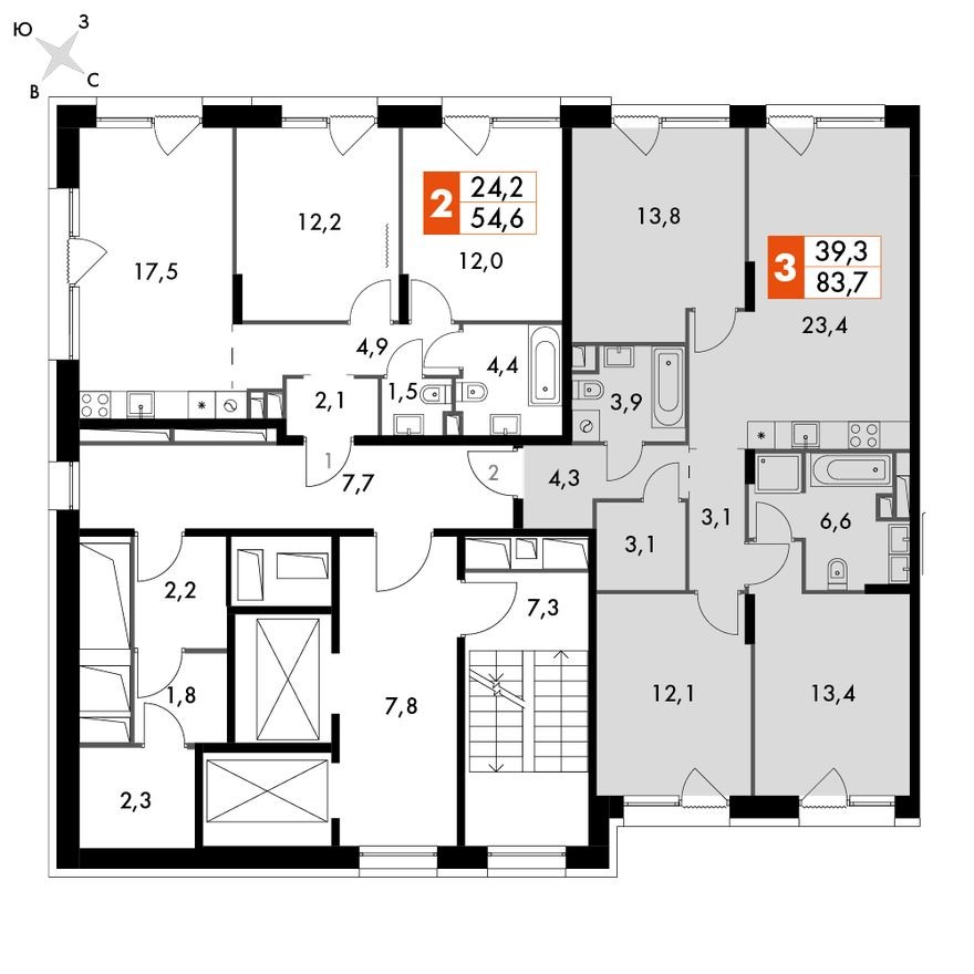 План этажа — 3е квартира, 84.3 м²