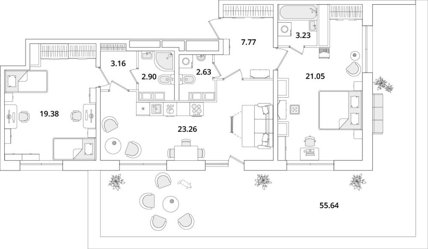 План этажа — 2к. квартира, 99.0 м²