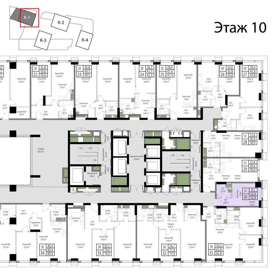 План этажа — 1к. апартаменты, 20.8 м²
