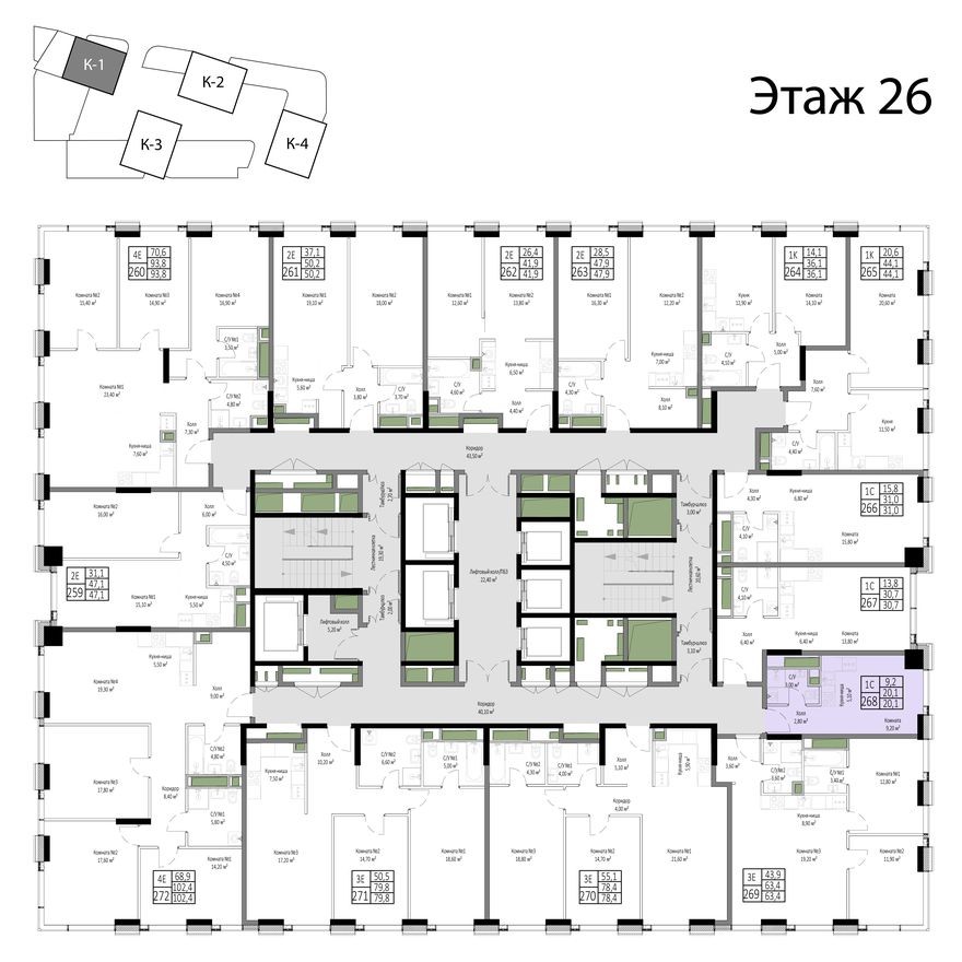 План этажа — 1к. апартаменты, 20.1 м²