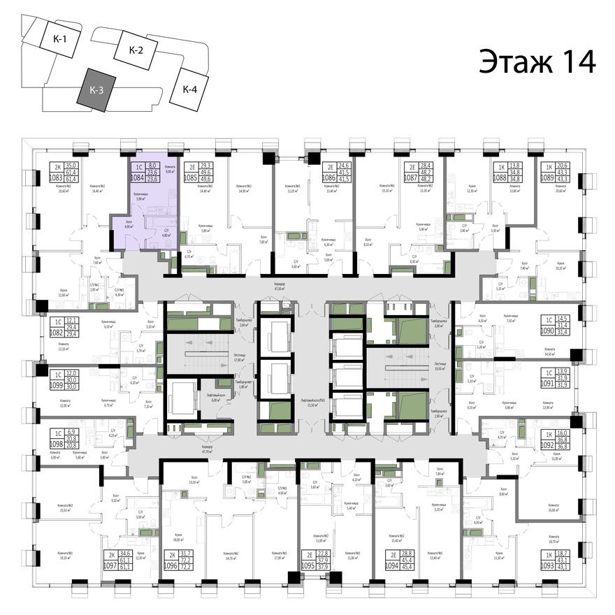 План этажа — 1к. апартаменты, 23.6 м²