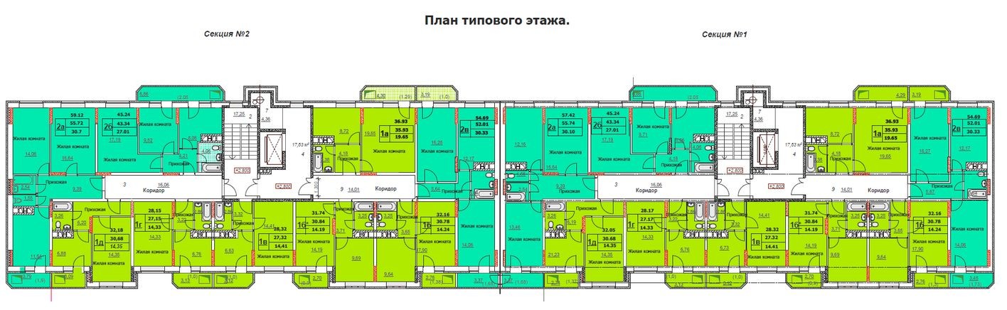 План этажа — 2к. квартира, 57.4 м²