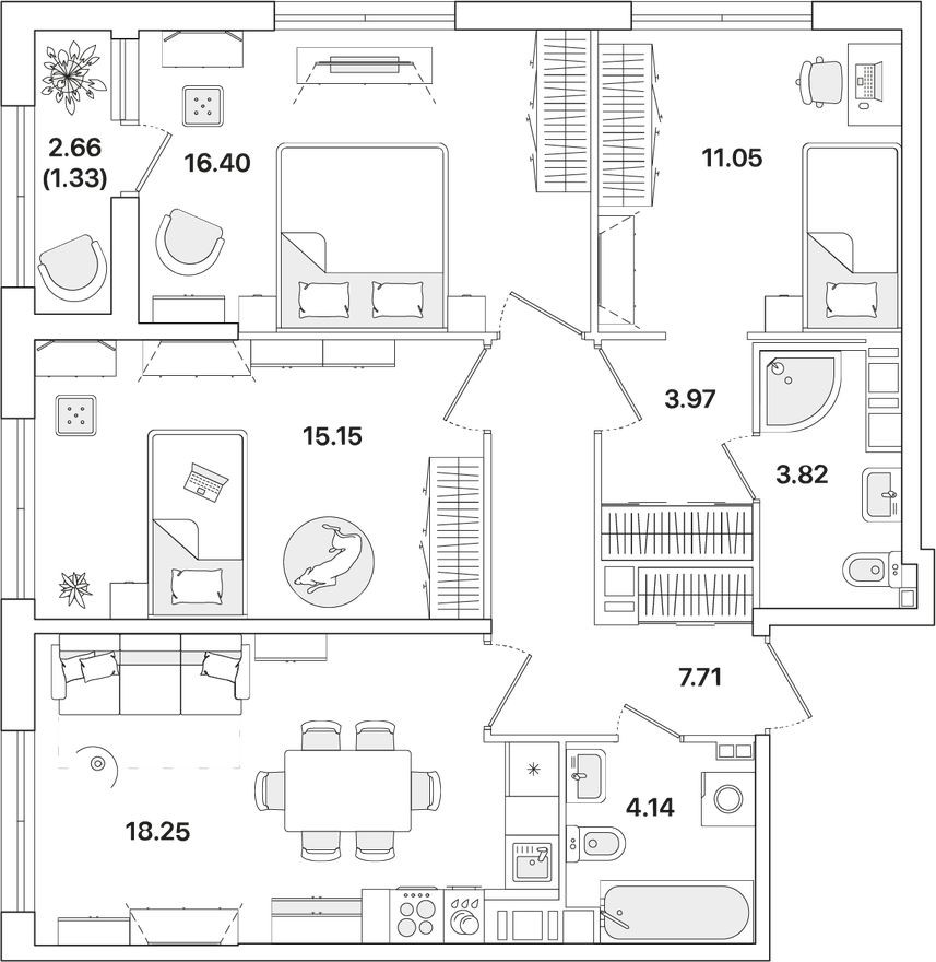 План этажа — 3к. квартира, 81.1 м²
