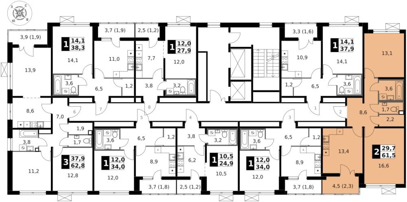 План этажа — 2к. квартира, 61.4 м²