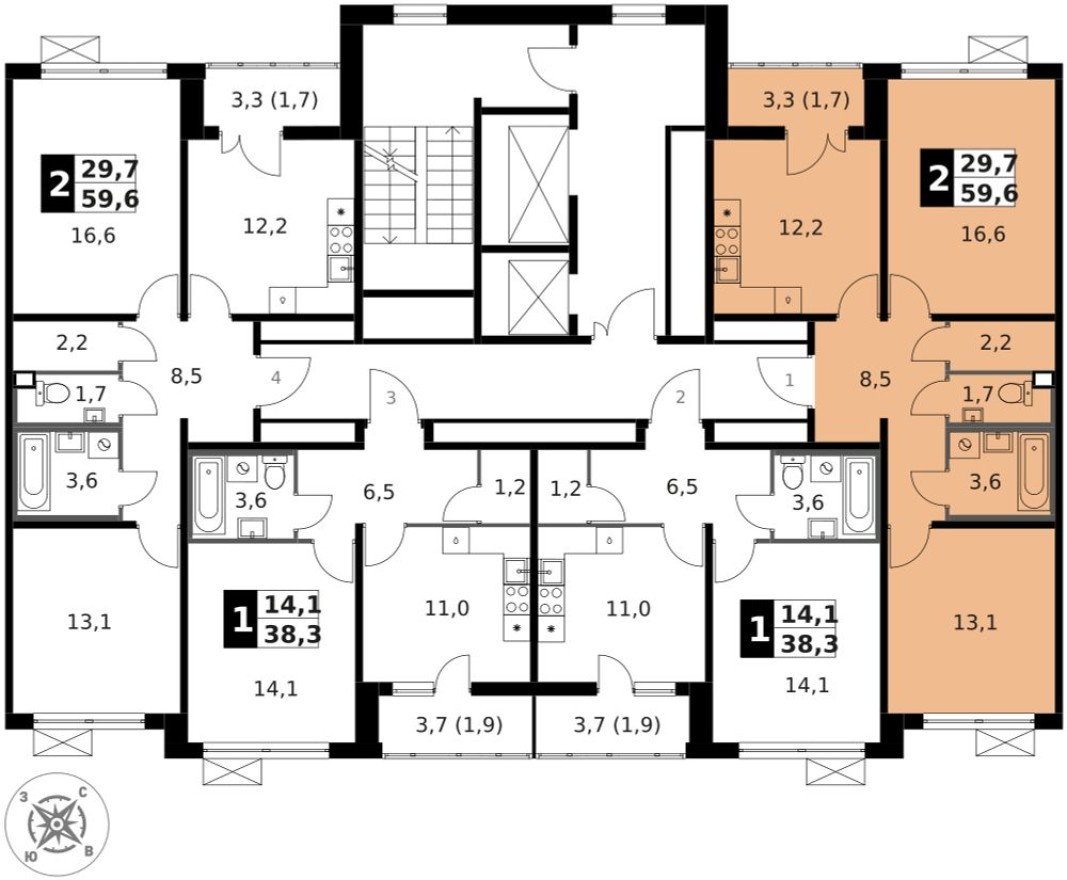 План этажа — 2к. квартира, 59.6 м²
