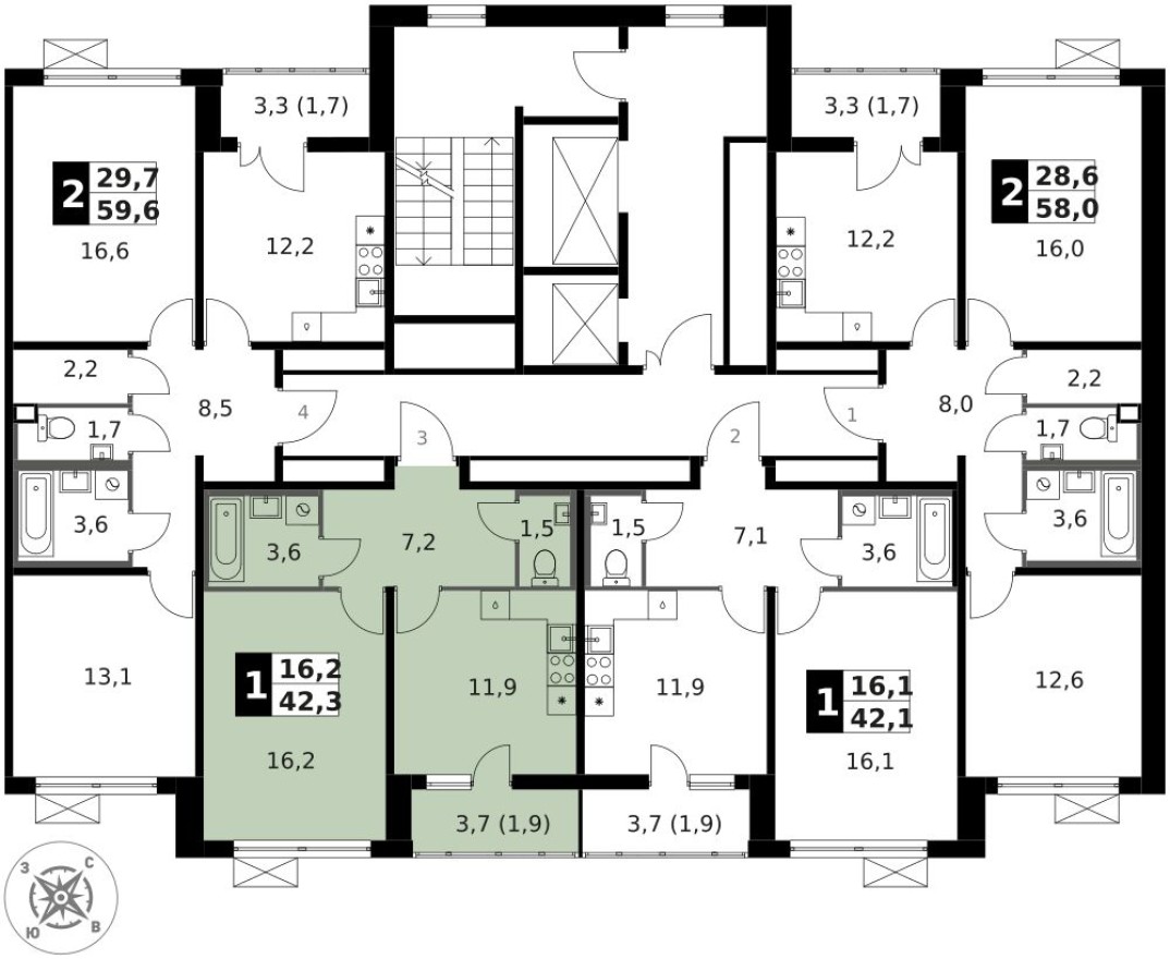 План этажа — 1к. квартира, 42.2 м²