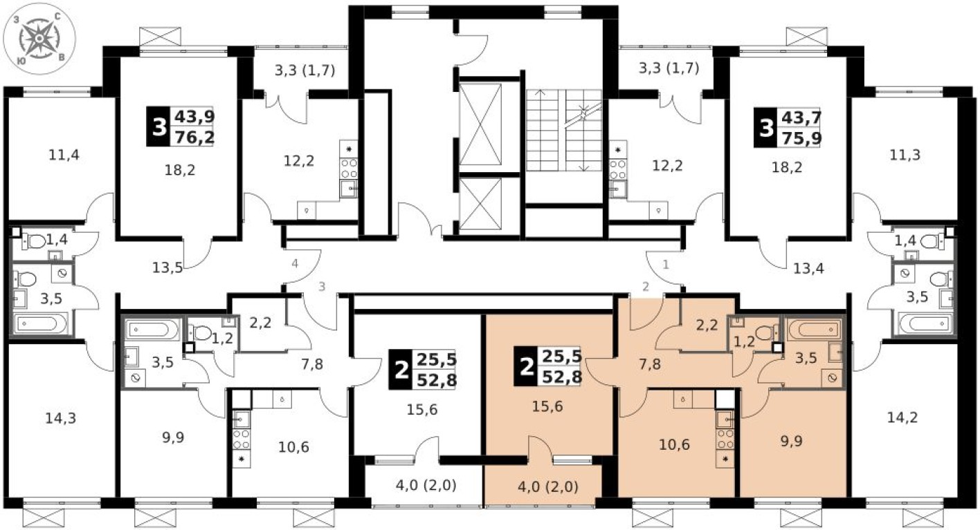 План этажа — 2к. квартира, 53.2 м²