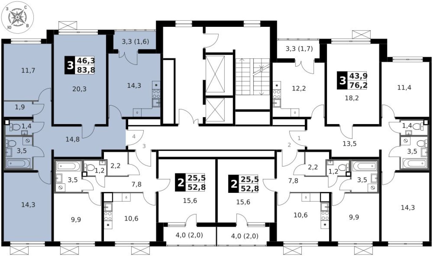 План этажа — 3к. квартира, 84.1 м²