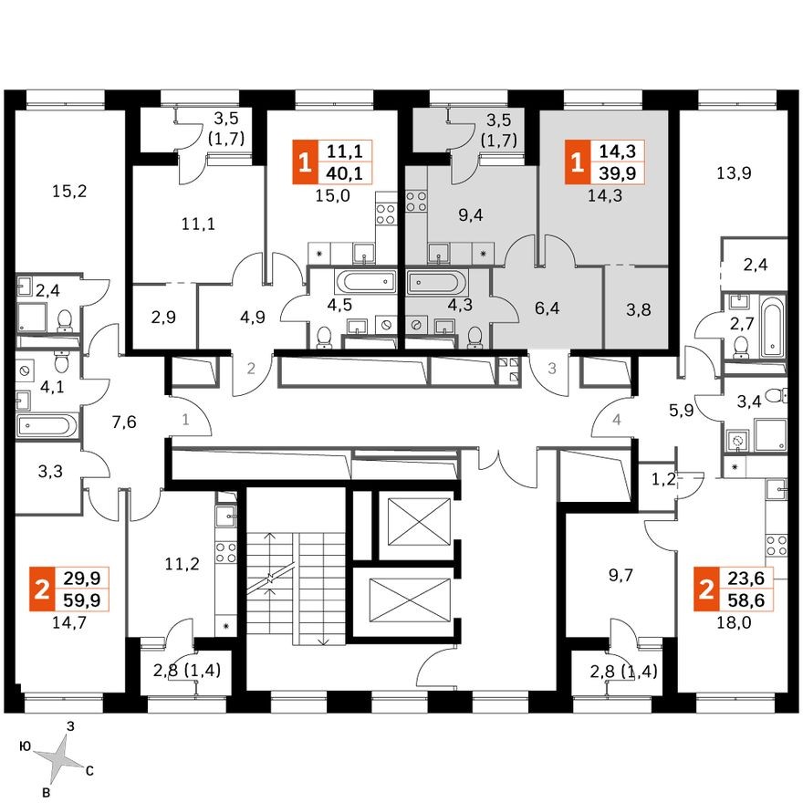 План этажа — 1к. квартира, 39.9 м²