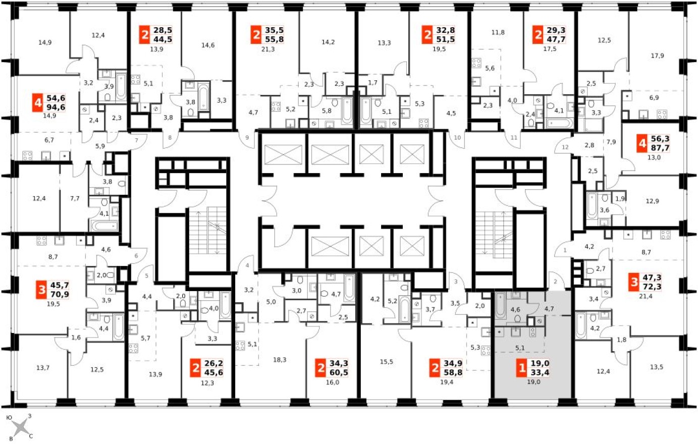 План этажа — Студия-квартира, 33.4 м²