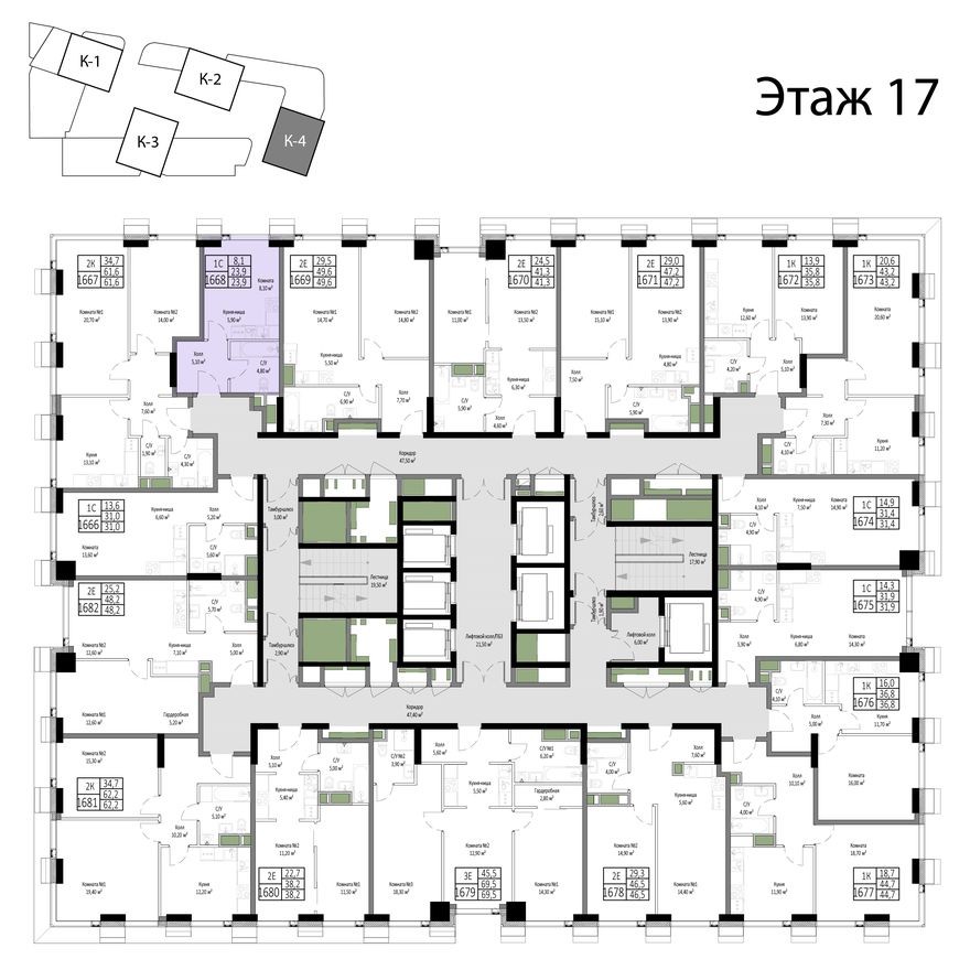 План этажа — 1к. апартаменты, 23.9 м²