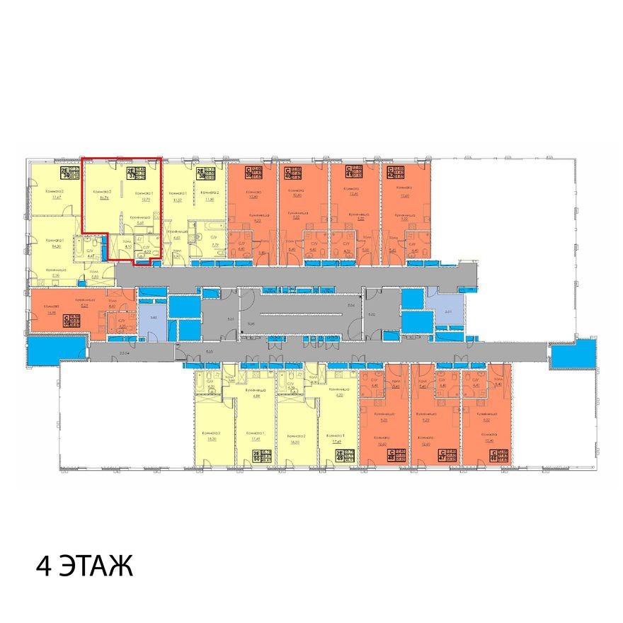 План этажа — 2к. апартаменты, 43.3 м²