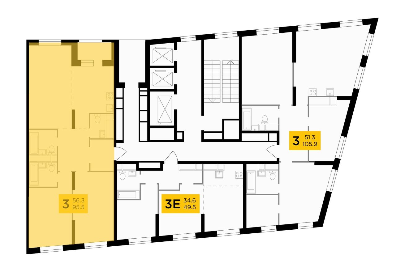 План этажа — 3к. квартира, 93.5 м²