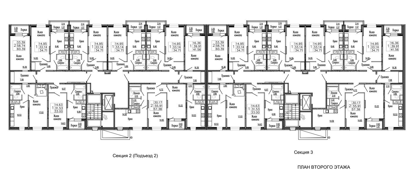 План этажа — 2к. квартира, 60.4 м²
