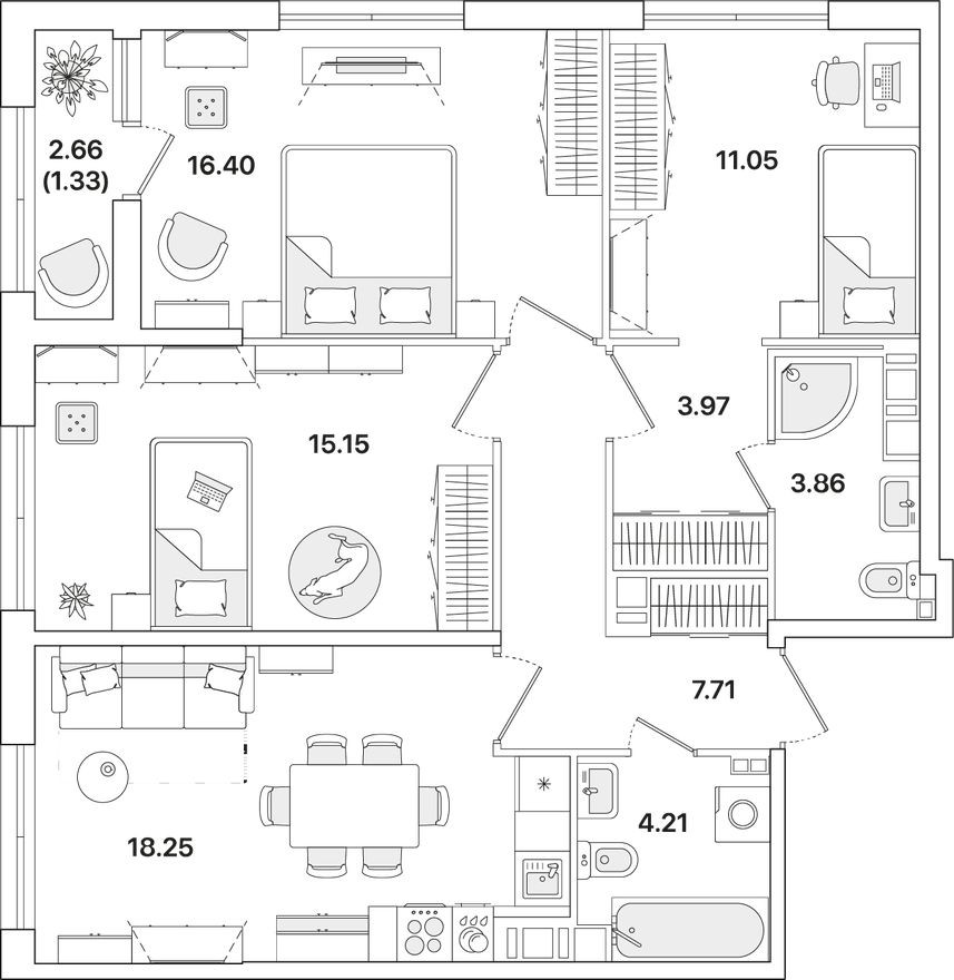 План этажа — 3к. квартира, 81.7 м²