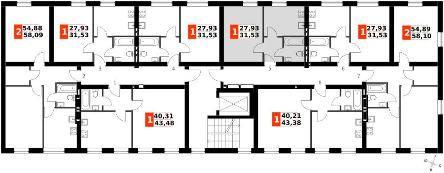 План этажа — 1к. квартира, 31.5 м²