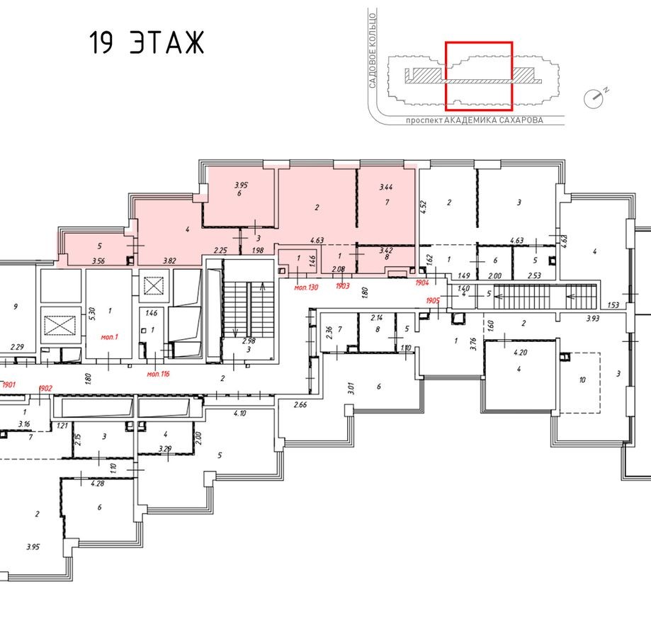 План этажа — 3к. апартаменты, 89.3 м²