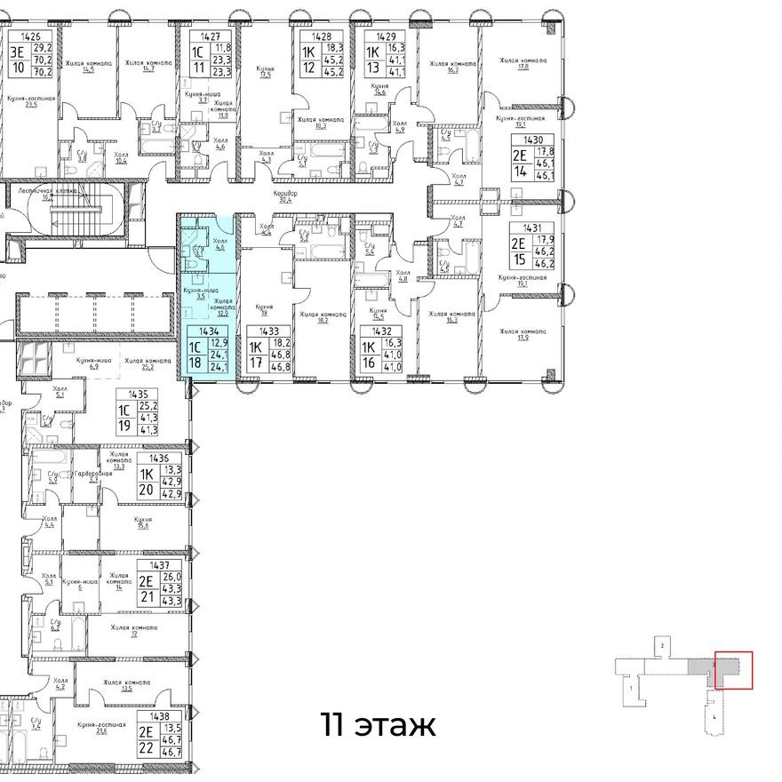 План этажа — 1к. апартаменты, 24.1 м²