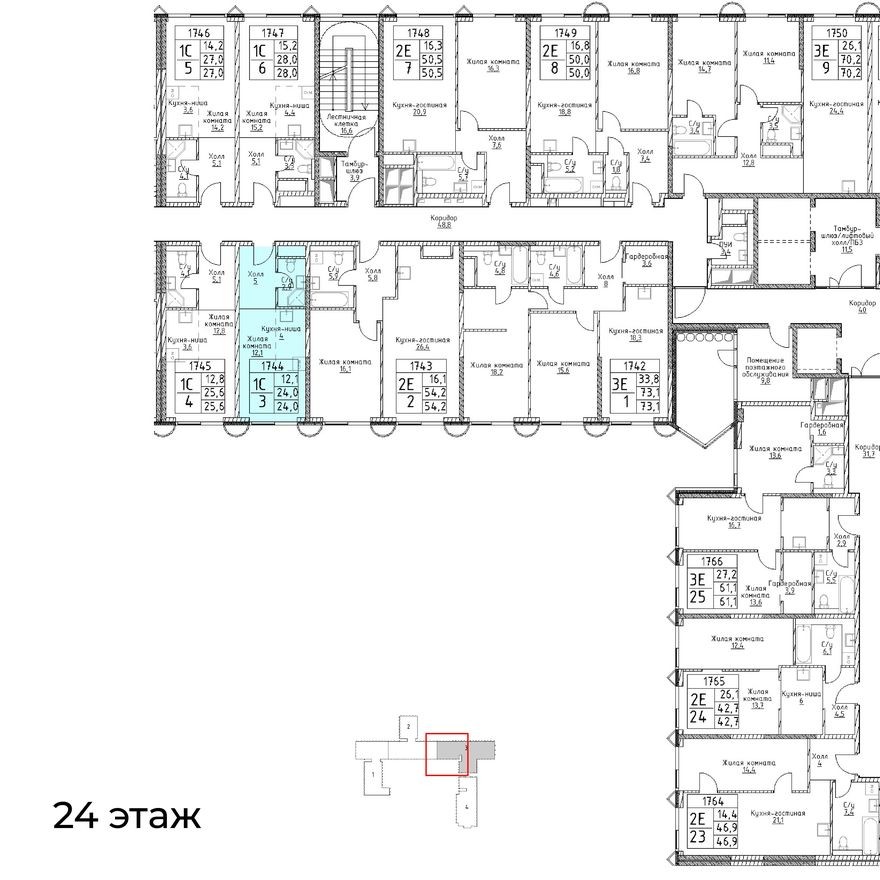 План этажа — 1к. апартаменты, 24.0 м²