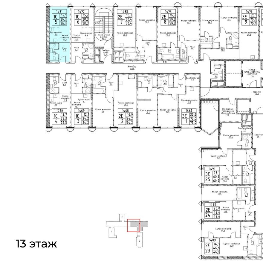 План этажа — 1к. апартаменты, 26.7 м²