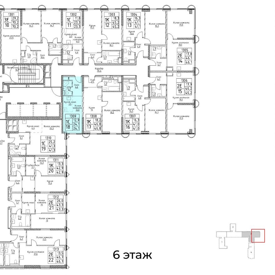 План этажа — 1к. апартаменты, 24.1 м²