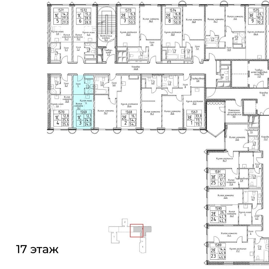 План этажа — 1к. апартаменты, 24.0 м²