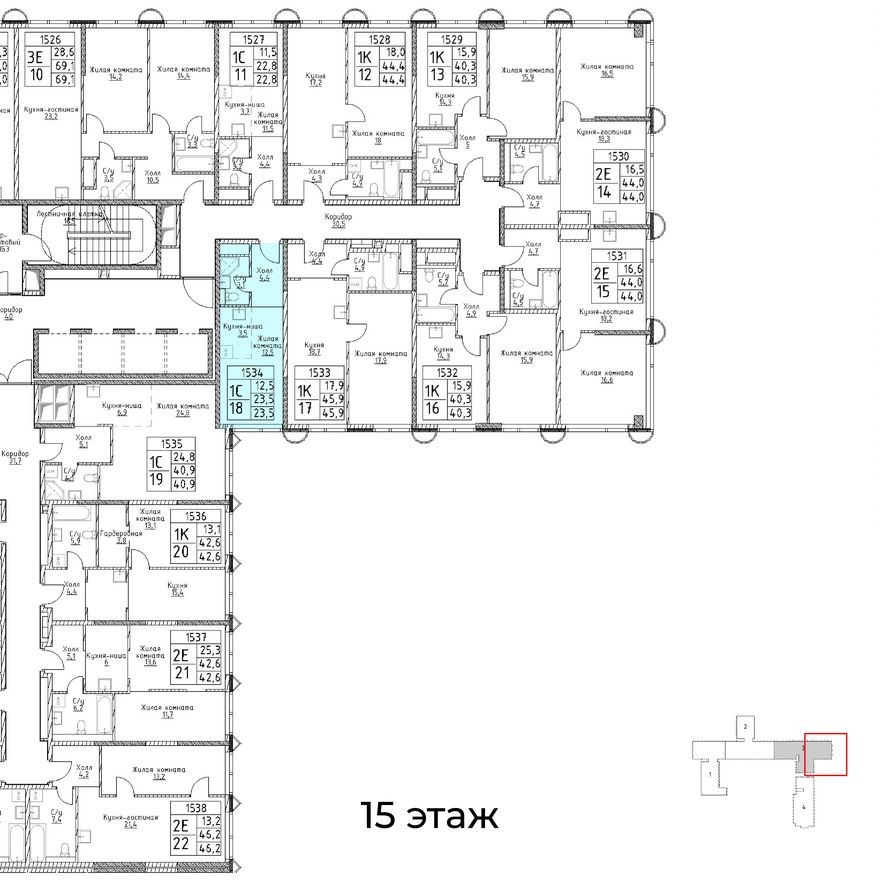 План этажа — 1к. апартаменты, 23.5 м²