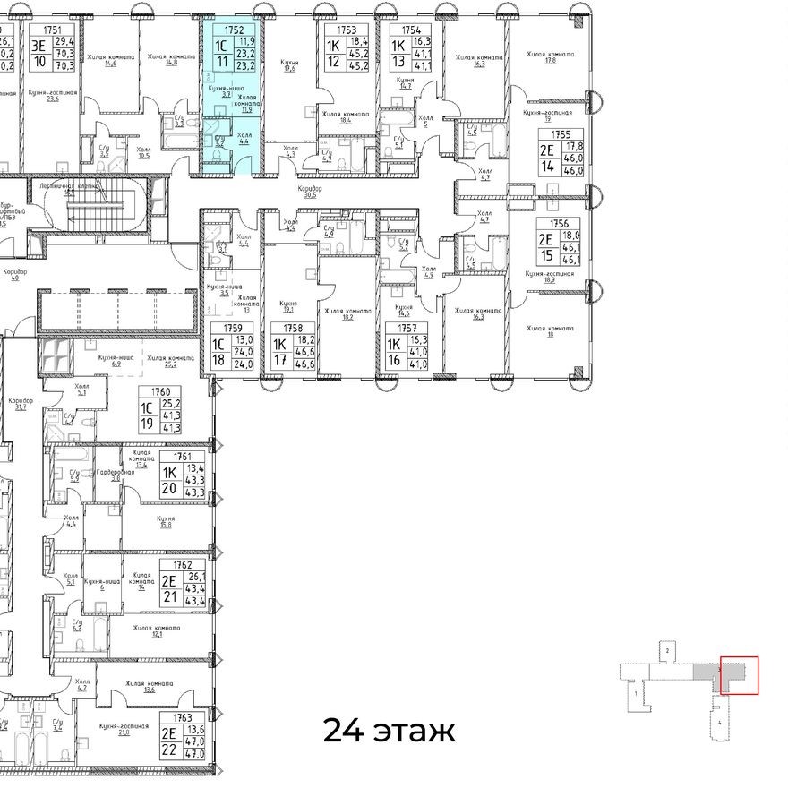 План этажа — 1к. апартаменты, 23.2 м²