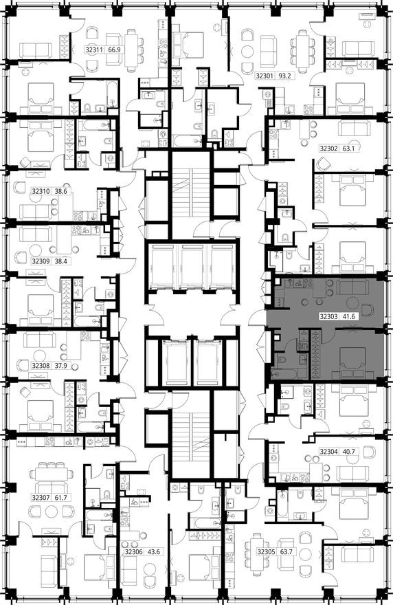 План этажа — 1к. квартира, 41.6 м²