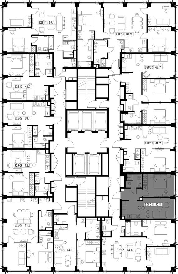 План этажа — 1к. квартира, 40.8 м²