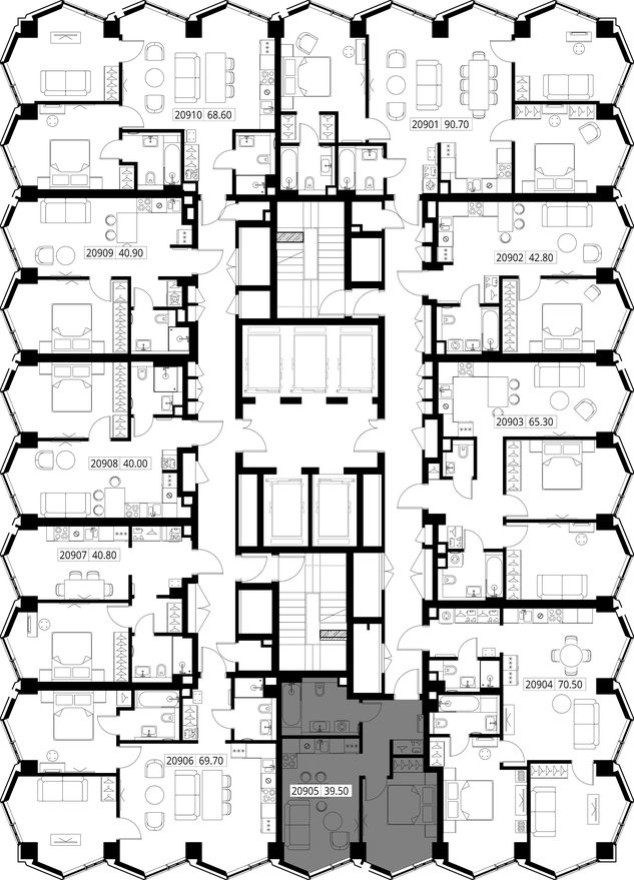 План этажа — 1к. квартира, 39.5 м²