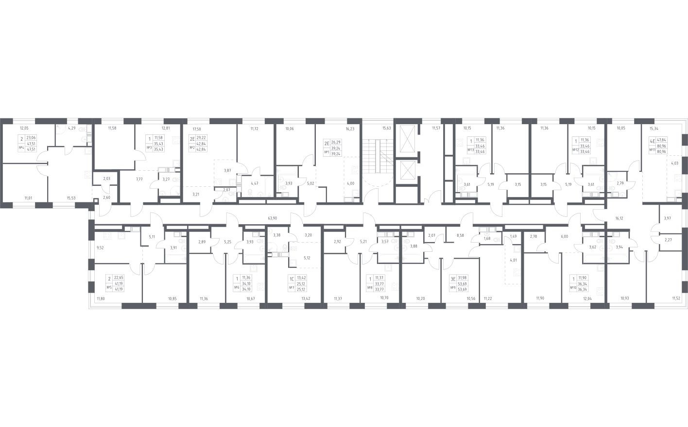 План этажа — 1к. квартира, 33.5 м²