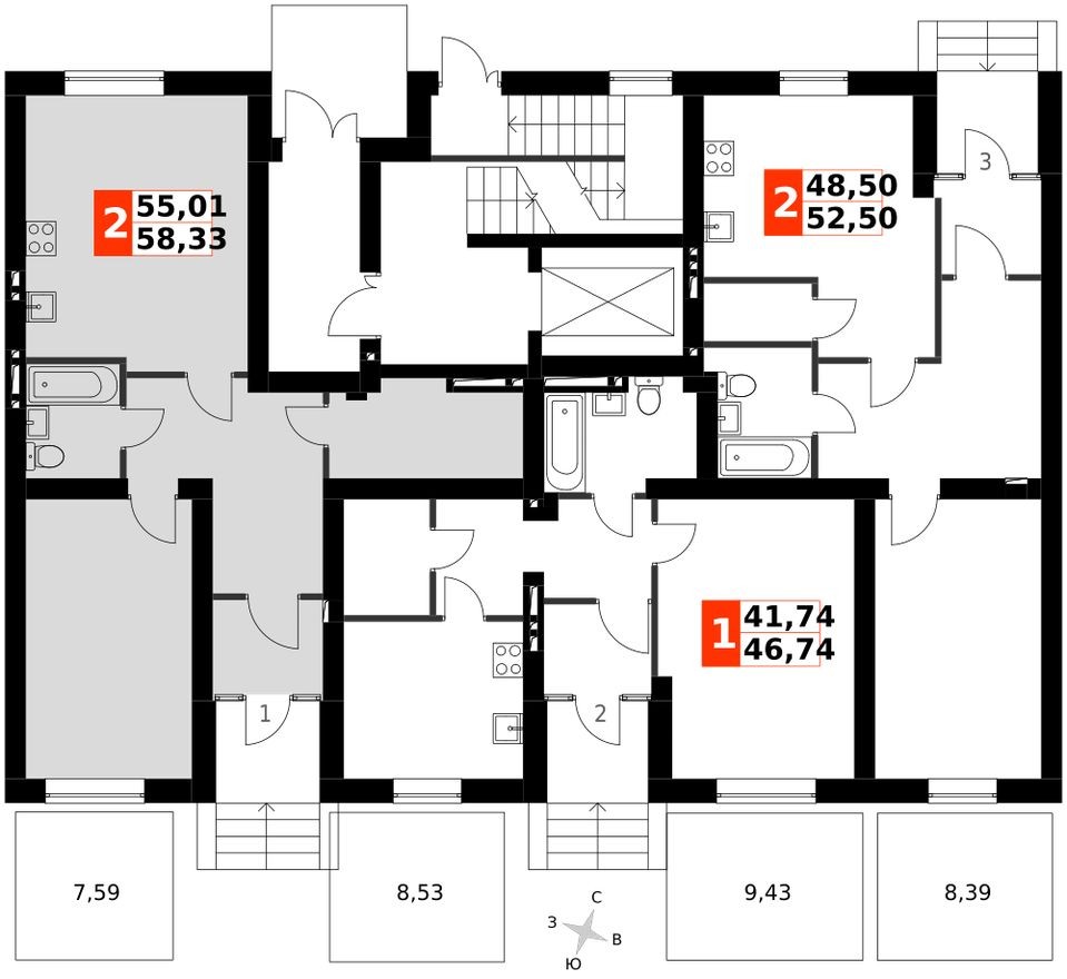 План этажа — 2е квартира, 60.6 м²