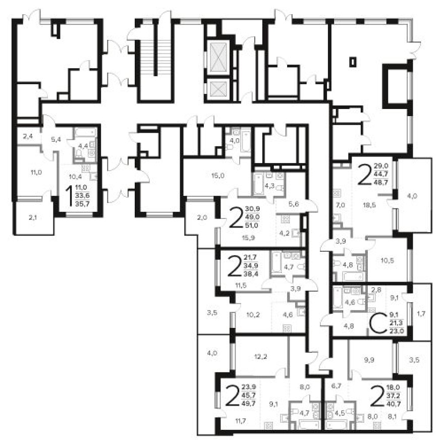 План этажа — 1к. квартира, 35.7 м²