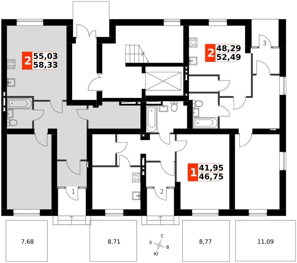 План этажа — 2е квартира, 60.6 м²