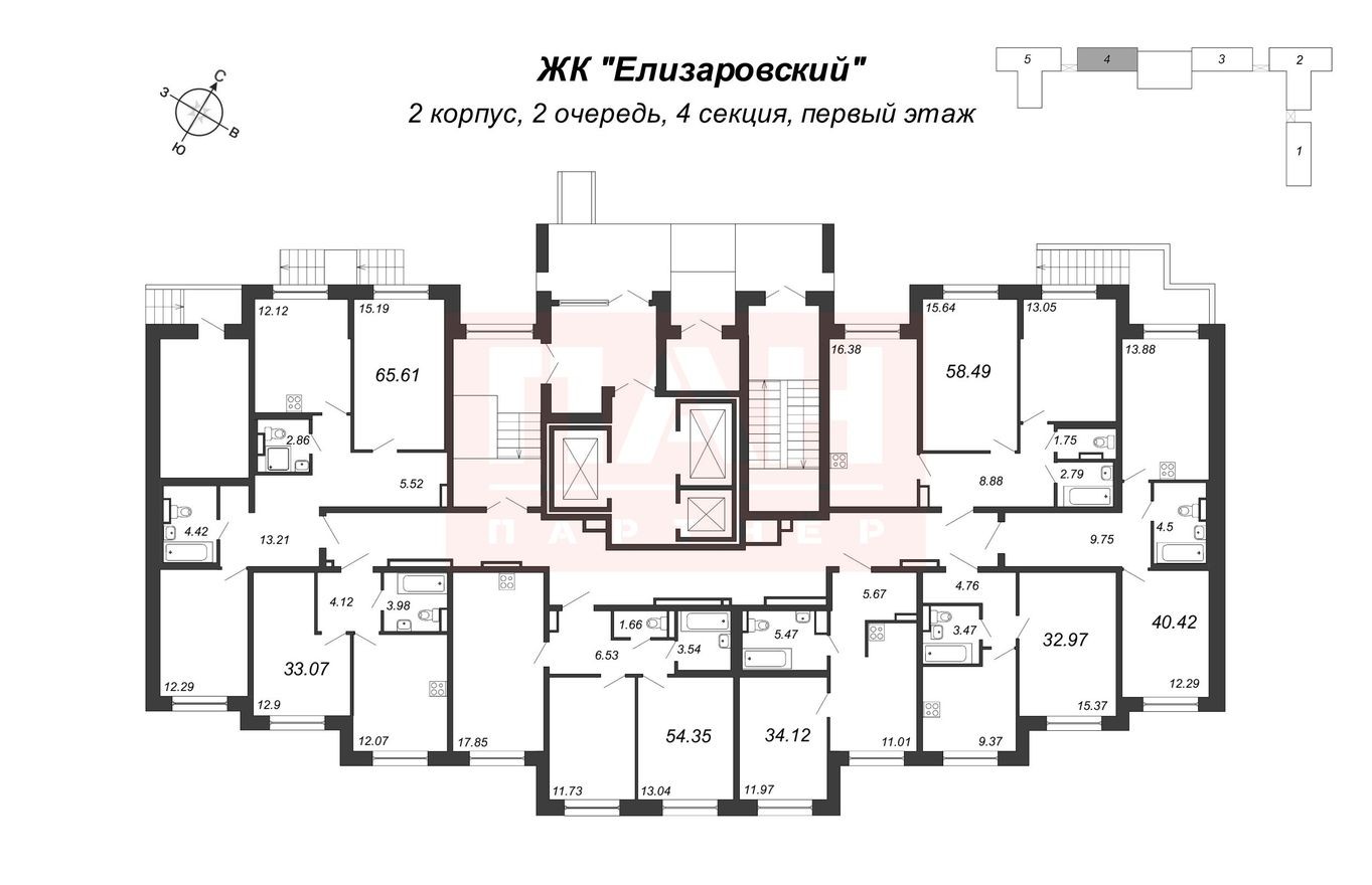 План этажа — 3е квартира, 65.6 м²