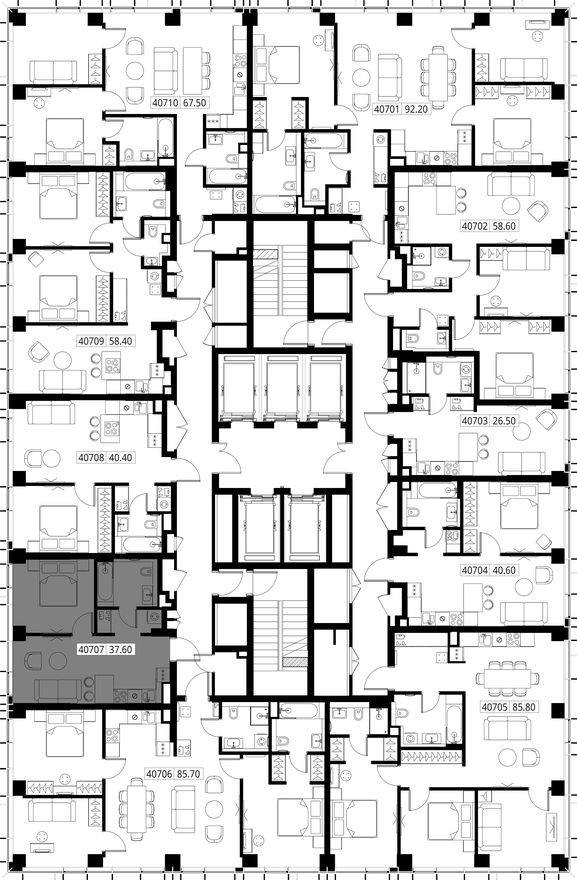 План этажа — 1к. квартира, 37.6 м²