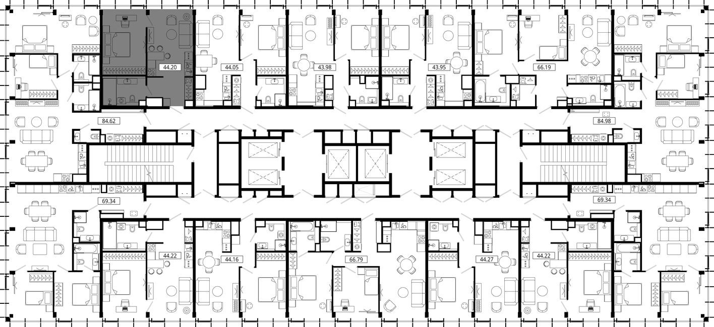 План этажа — 1к. квартира, 43.9 м²