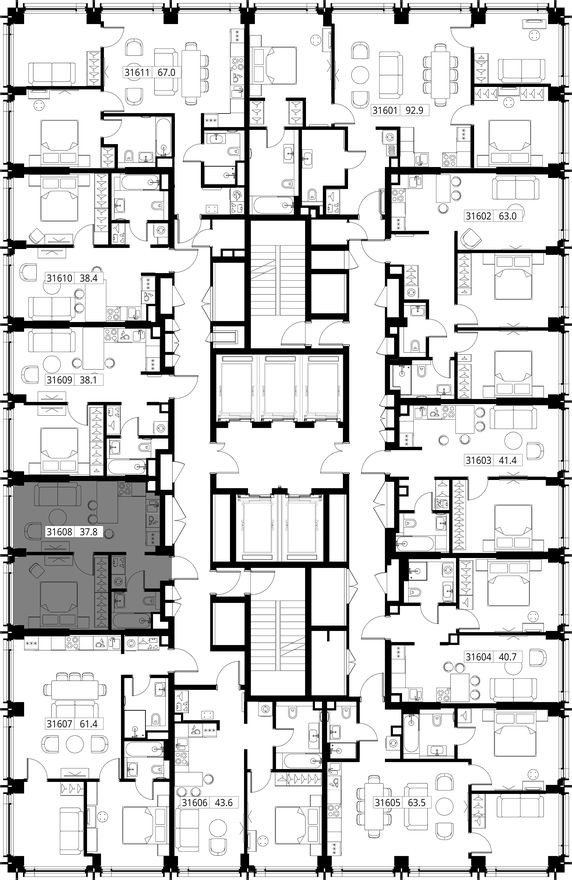 План этажа — 1к. квартира, 37.8 м²