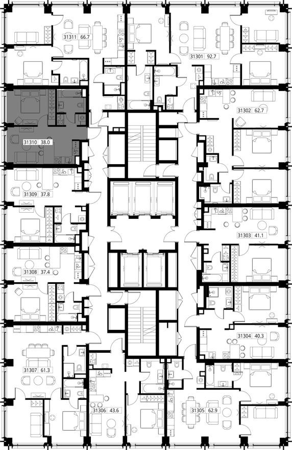 План этажа — 1к. квартира, 38.0 м²