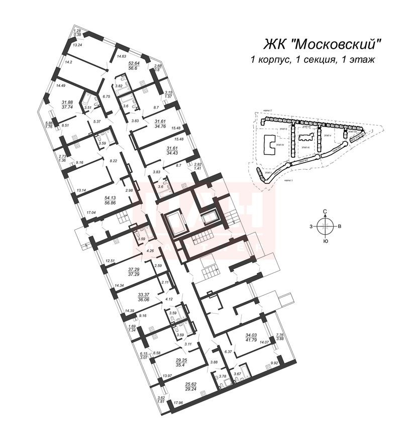 План этажа — 1к. квартира, 37.3 м²