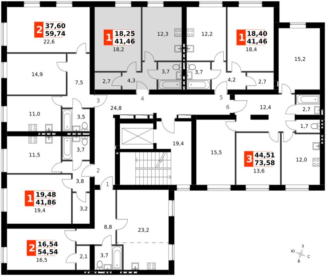 План этажа — 1к. квартира, 40.3 м²
